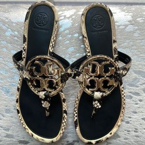 Tory Burch Miller sandals black gold flops snake 7